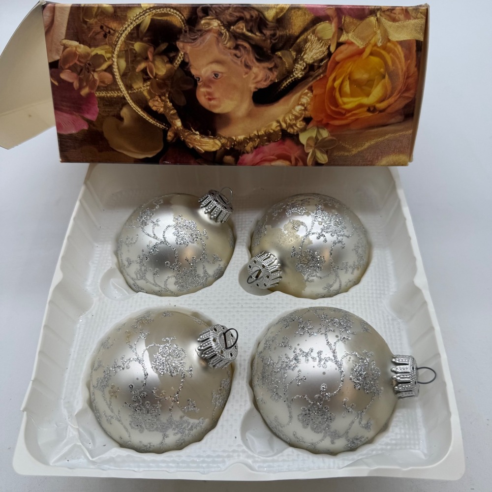 Vintage Silver Glitter Floral Filigree Glass Christmas Ornaments Set of 4 Boxed